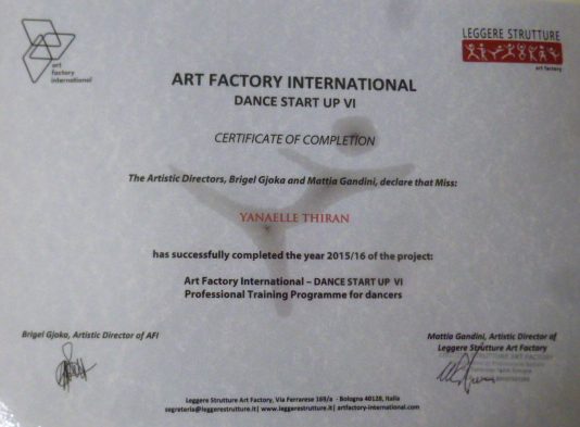 Dance Start Up VI Certificate - Yanaelle Thiran